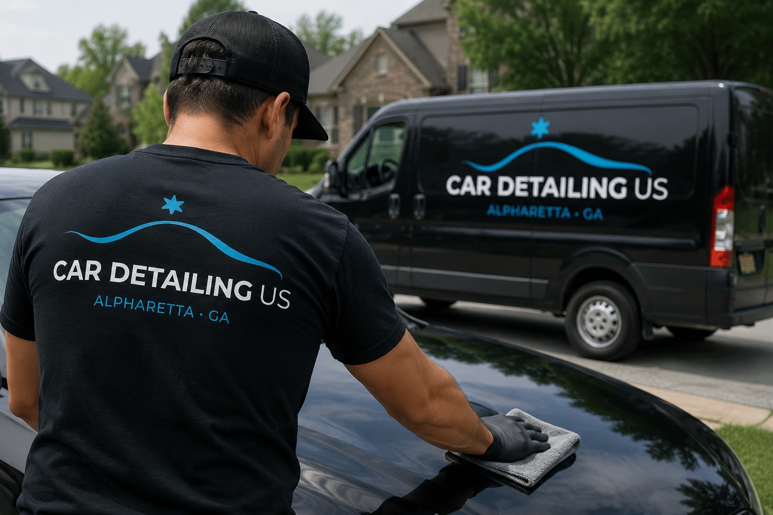 Luis and Andrés, professional car detailers in Alpharetta GA, working on a customer's vehicle